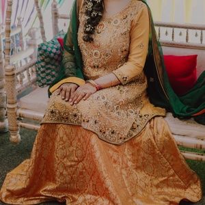 Indian Pakistani Bridal Mehndi Jamawar Lehenga Kameez Dress